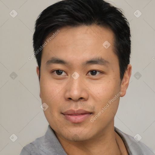 Neutral asian young-adult male with short  black hair and brown eyes