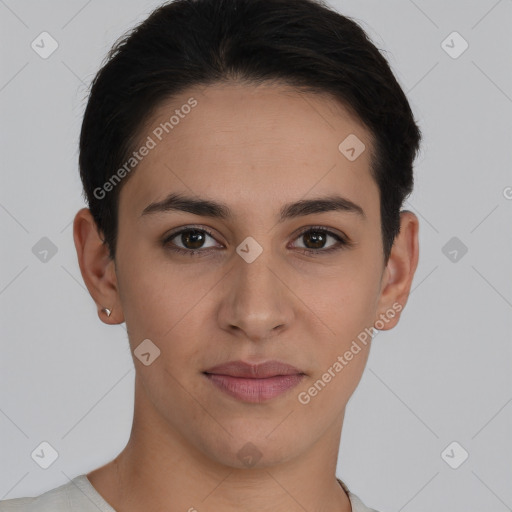 Joyful white young-adult female with short  brown hair and brown eyes