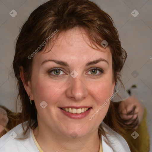 Joyful white young-adult female with medium  brown hair and blue eyes