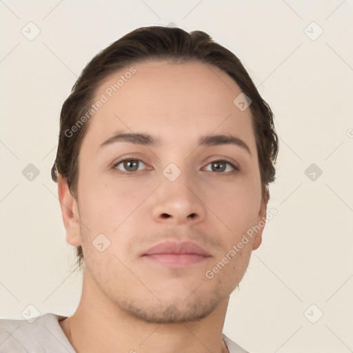 Neutral white young-adult male with short  brown hair and brown eyes