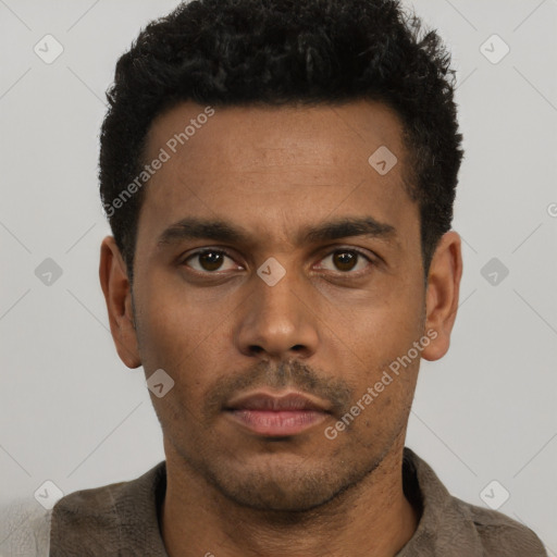 Neutral latino young-adult male with short  black hair and brown eyes