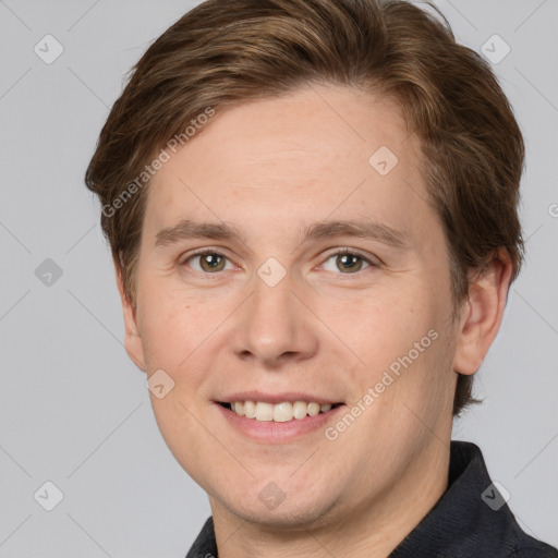 Joyful white adult male with short  brown hair and grey eyes