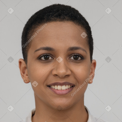 Joyful black young-adult female with short  brown hair and brown eyes