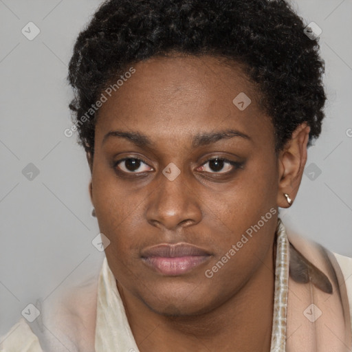 Neutral black young-adult female with short  brown hair and brown eyes