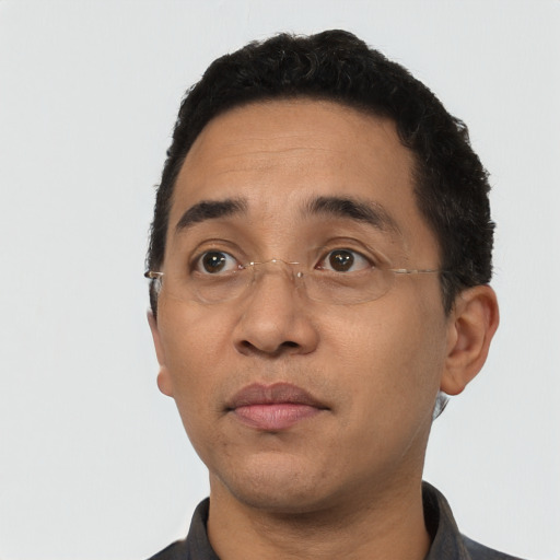 Neutral latino adult male with short  black hair and brown eyes