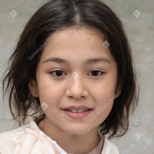 Joyful white child female with medium  brown hair and brown eyes