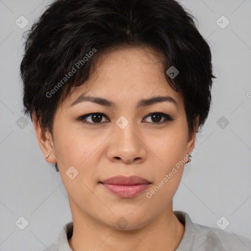 Joyful asian young-adult female with short  brown hair and brown eyes