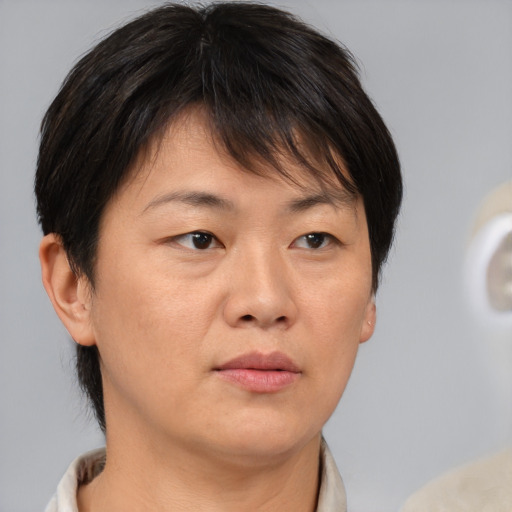 Neutral white young-adult female with short  brown hair and brown eyes