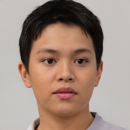 Neutral asian young-adult female with short  brown hair and brown eyes