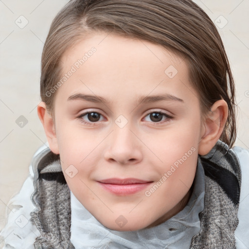 Joyful white child female with medium  brown hair and grey eyes