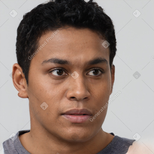 Neutral latino young-adult male with short  brown hair and brown eyes