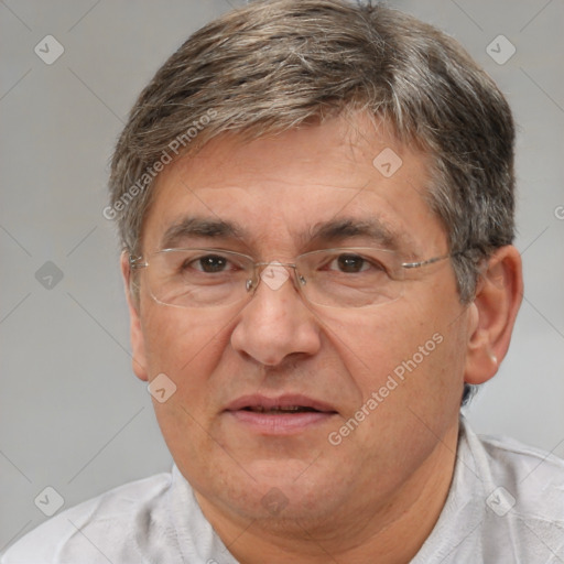 Joyful white middle-aged male with short  brown hair and brown eyes