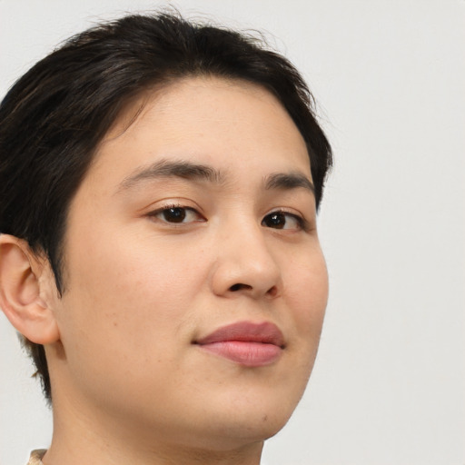 Joyful white young-adult male with medium  brown hair and brown eyes