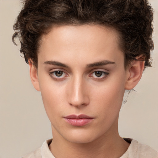 Neutral white young-adult female with short  brown hair and brown eyes