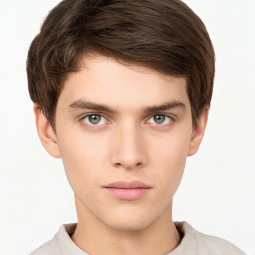 Neutral white young-adult male with short  brown hair and brown eyes