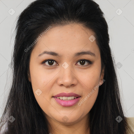 Joyful asian young-adult female with long  brown hair and brown eyes