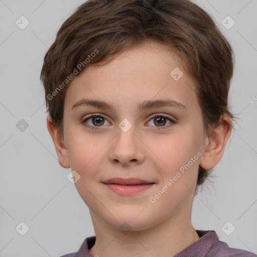 Joyful white child female with short  brown hair and brown eyes