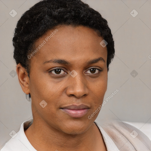 Neutral black young-adult female with short  brown hair and brown eyes