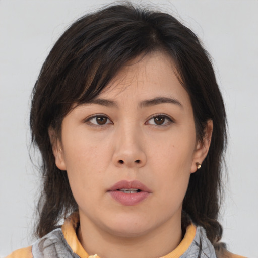 Neutral asian young-adult female with medium  brown hair and brown eyes