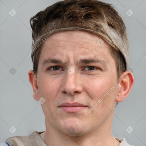 Joyful white adult male with short  brown hair and grey eyes