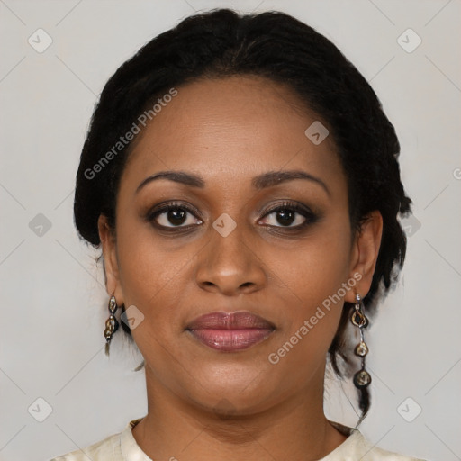 Joyful black young-adult female with medium  black hair and brown eyes