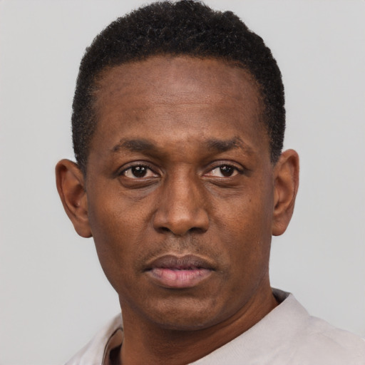 Neutral black adult male with short  black hair and brown eyes