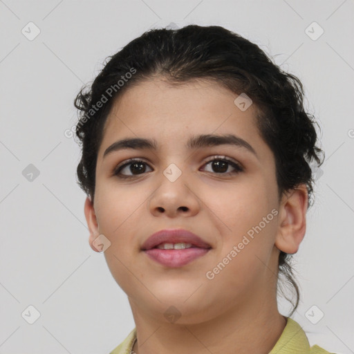 Joyful latino young-adult female with short  brown hair and brown eyes