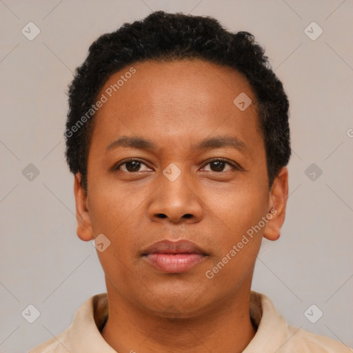 Neutral black young-adult male with short  black hair and brown eyes