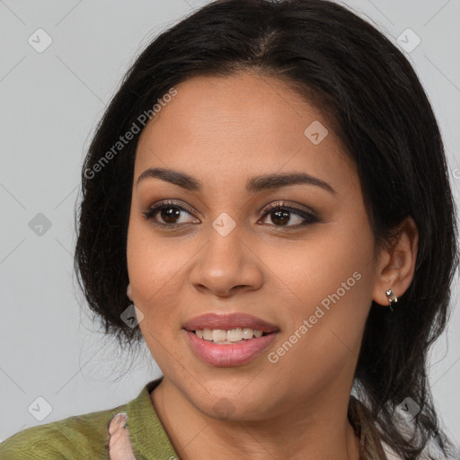 Joyful latino young-adult female with medium  brown hair and brown eyes