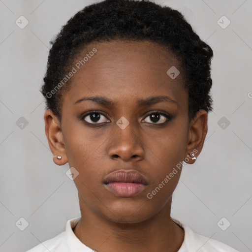 Neutral black young-adult female with short  brown hair and brown eyes