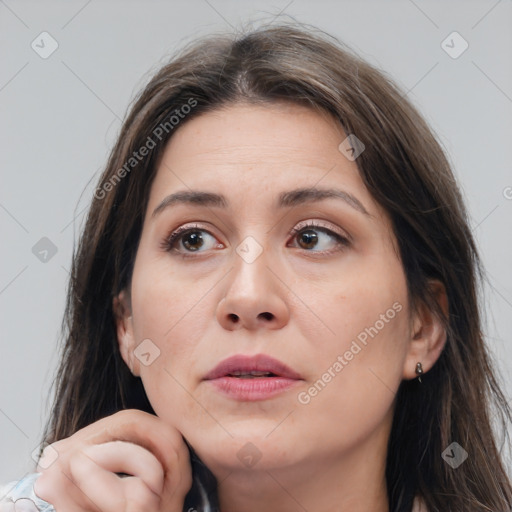 Neutral white young-adult female with medium  brown hair and brown eyes