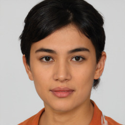 Neutral latino young-adult female with short  black hair and brown eyes