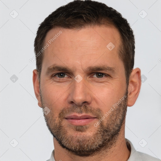 Neutral white adult male with short  brown hair and brown eyes