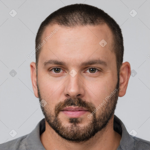 Neutral white young-adult male with short  brown hair and brown eyes