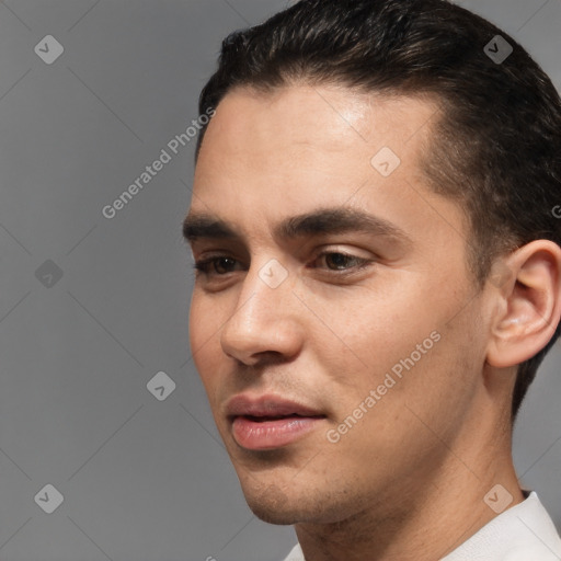 Neutral white young-adult male with short  brown hair and brown eyes