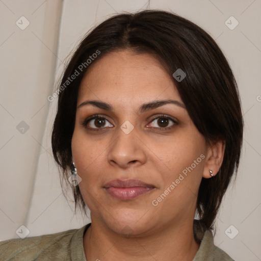 Joyful white young-adult female with medium  brown hair and brown eyes