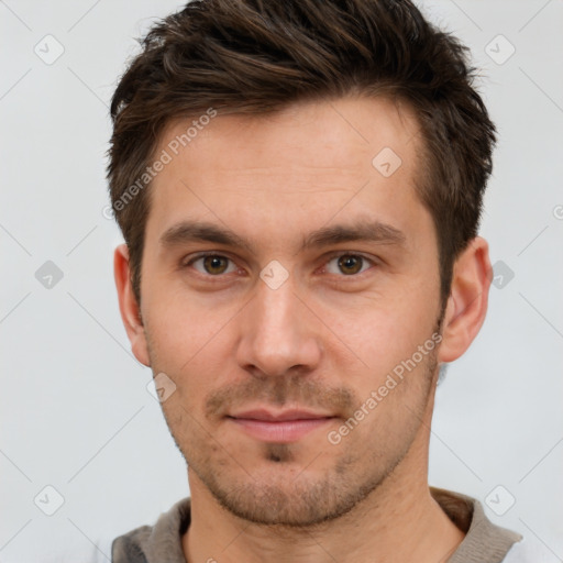 Neutral white young-adult male with short  brown hair and brown eyes