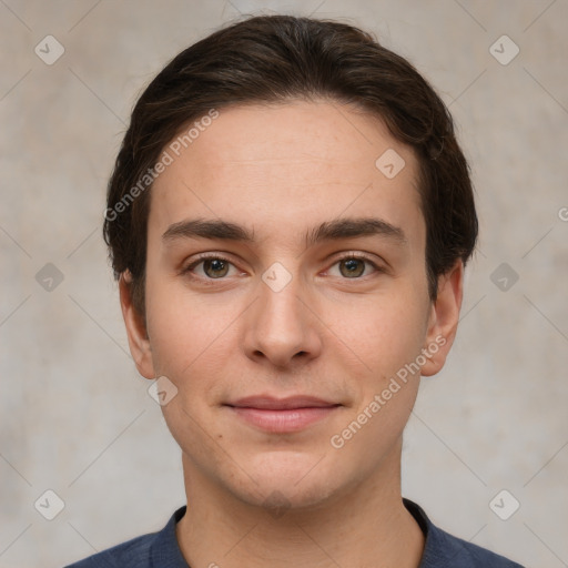 Neutral white young-adult male with short  brown hair and grey eyes