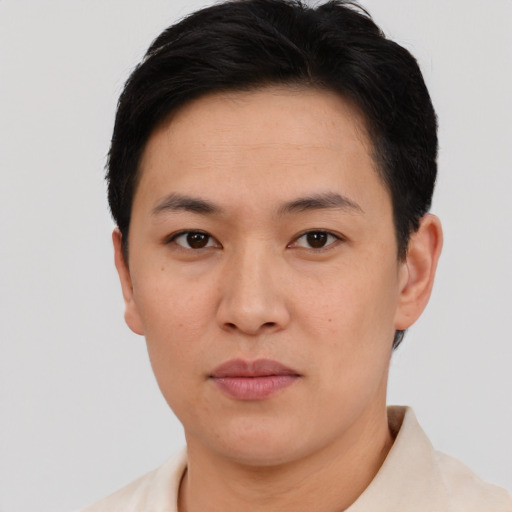Neutral asian young-adult female with short  brown hair and brown eyes