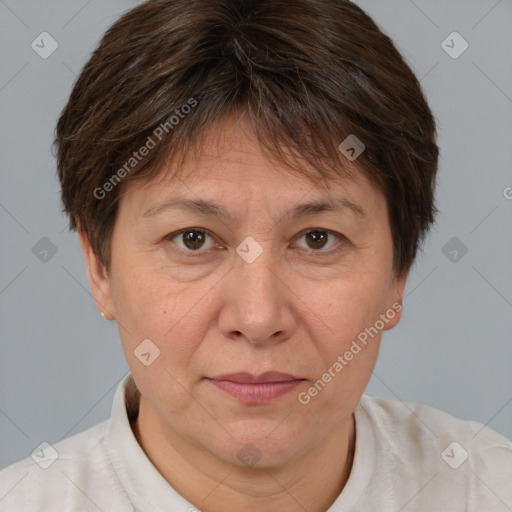 Joyful white adult female with short  brown hair and brown eyes