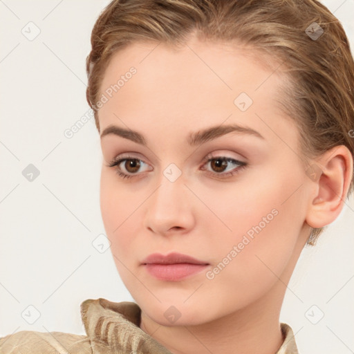 Neutral white young-adult female with short  brown hair and brown eyes