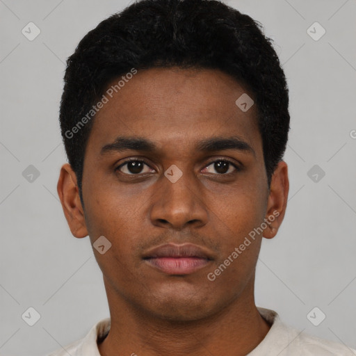 Neutral black young-adult male with short  black hair and brown eyes
