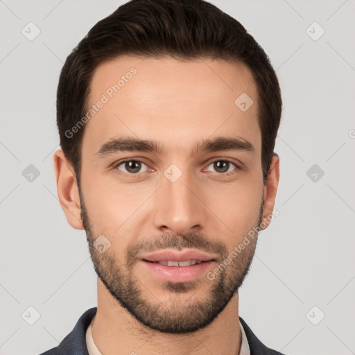 Joyful white young-adult male with short  brown hair and brown eyes