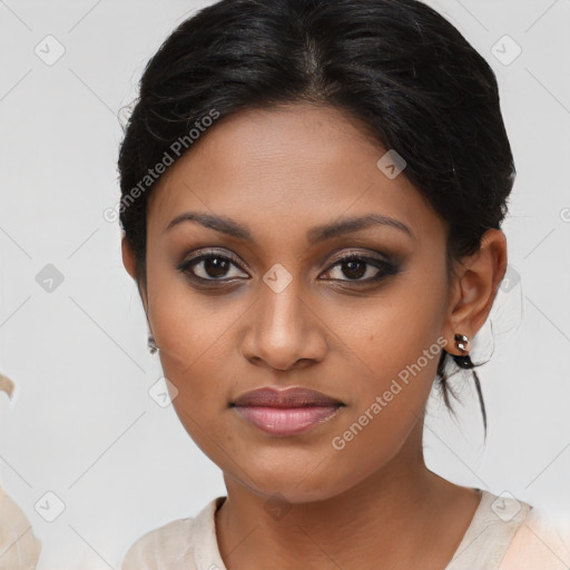 Joyful latino young-adult female with medium  brown hair and brown eyes