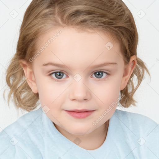 Joyful white child female with medium  brown hair and blue eyes