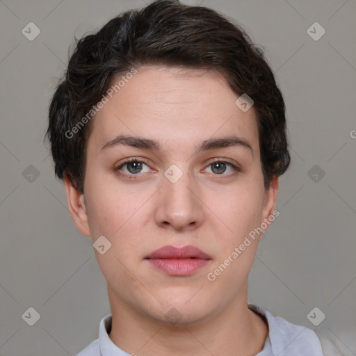 Neutral white young-adult female with short  brown hair and brown eyes