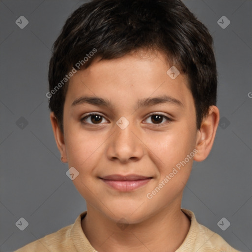 Joyful white child male with short  brown hair and brown eyes