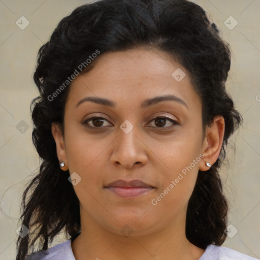 Joyful latino young-adult female with medium  brown hair and brown eyes