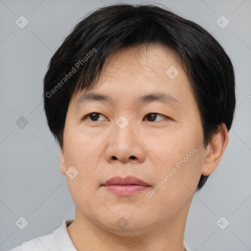 Joyful asian adult male with short  brown hair and brown eyes