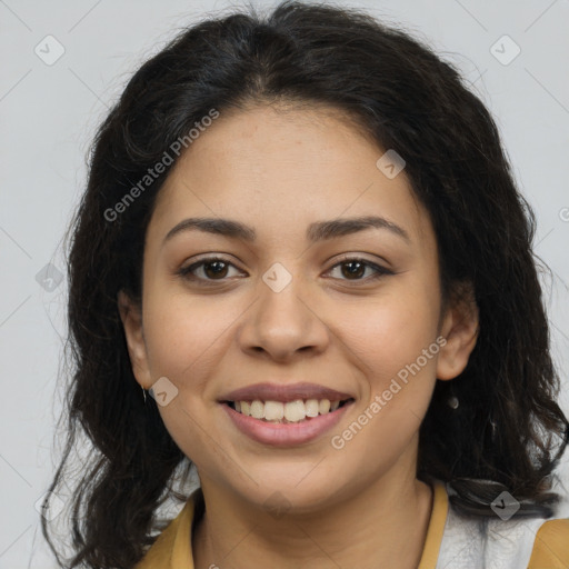 Joyful latino young-adult female with long  brown hair and brown eyes